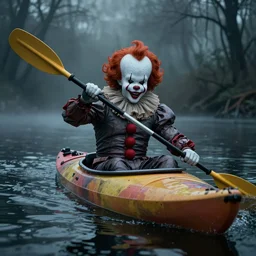 darth vader fighting pennywise the clown on a kayak in the middle of a creepy lake, ultra high def, hyper realistic, photo