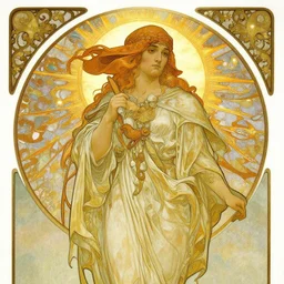 an art nouveau painting of a gnome wearing flowing robes, beautiful, shining sun, highly detailed, intricate, artstation, by alphonse mucha and james gurney