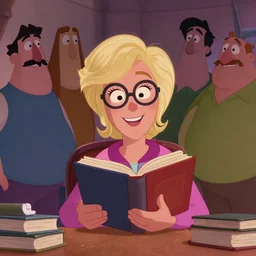 pixar cartoon character of bea arthur being happy with her books. style by petros afshar, christopher balaskas, goro fujita, and rolf armstrong.