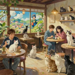 a mixed media painting closeup of a cat in an aesthetic japanese cat cafe, cats everywhere, by simon stalenhag, greg rutkowski, studio ghibli, beeple, yoko taro, christian macnevin, beeple, wlop and krenz cushart, epic fantasy character art, volumetric outdoor lighting, midday, high fantasy, cgsociety, cheerful colours, full length, exquisite detail, post - processing, masterpiece, cinematic