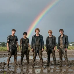 mud and gloom under a rainbow. andreas achenbach, artgerm, mikko lagerstedt, zack snyder, tokujin yoshioka