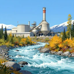 A cement factory next to river rapids in the Yukon, by Tyler Edlin, vibrant colors