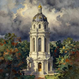 neoclassical tower with dome on the forest. intricate, centered, amazing composition, colorful watercolor, by ruan jia, by maxfield parrish, by marc simonetti, by hikari shimoda, by robert hubert, by zhang kechun, illustration, gloomy