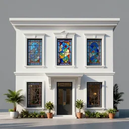digital render of a white multi storey house with windows with stained glass voronoi pattern. plants in pots sides door. architectural render. plain background.
