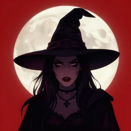 close-up portrait of a dark witch in front of the full big moon, red background, vector graphic, detailed, full HD, 4k, 8k, 1080p