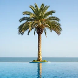 palm tree with gold trunk growing out of infinity pool