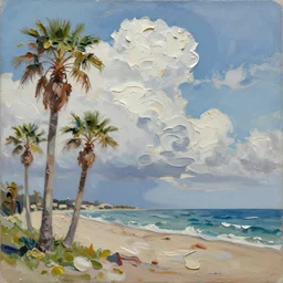 oil paint impasto reliefs, italian beach scene with palms, super realistic, influenced by constables cloud studies, painted with expressive paint and fluffy cumulus clouds,