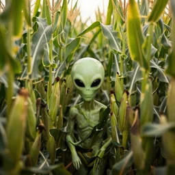 alien hiding in a corn field
