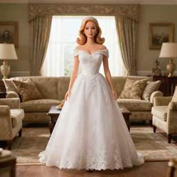amazing beautiful Christina Hendricks barbie doll wearing WEDDING DRESS in the living room, film still from the movie directed by Denis Villeneuve with art direction by Bill Ward , wide lens
