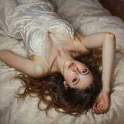 highly detailed oil painting, portrait of beautiful girl wearing night gown laying in her bed, fantasy character portrait, dynamic pose, above view, top lighting, realistic shaded, perfect face, 8 k realistic, hyper detailed, digital painting, artstation, concept art, hyper detailed eyes, top lighting, art by james jean