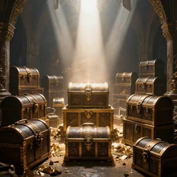 gods basement filled with treasure chests, divine, bright light, 8 k photography, cinematic light, award winning