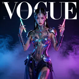 hyperrealistic futuristic high fashion photography, girl in studio, full body, glowsticks, lsd, rave, cybernetic parts, asian, vogue magazine, nomad masterpiece, nano parts, neon lights, smoke, eerie music, beautiful intricate face and flawless skin, tribal jewelry, tattoos, perfect hands, head piece, by Edgar Maxence and Ross Tran and Michael Whelan, 8k, octane render