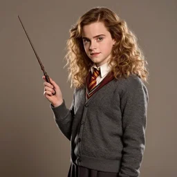 Emma Watson as Hermione Granger, promotional photo, studio lighting, blank background, posing with wand