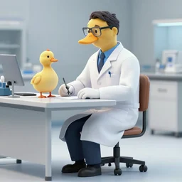 a duck scientist wearing a labcoat, duck sits at a table, scientist is a duck, not human, super resolution, 8k, full body shot