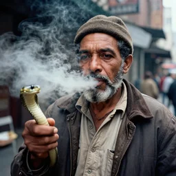 closeup portrait of a snake oil salesman in a smoky new york back street, photograph, magazine, press, photo, Steve McCurry, David Lazar, Annie Leibovitz, CANON Eos C300, ƒ1.8, 35mm, 8K