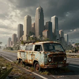 Massive mouse city built in the back of a old rusty van on an abandoned highway, overgrown, apocalypse, dramatic lighting, cinematic, by WLOP, eddie mendoza, simon stålenhag, raphael lacoste, extremely high detail, photo realistic, cinematic lighting, post processed, concept art, trending on artstation, matte painting,