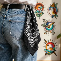 cute modern tattoo of a black paisley bandana hanky hanging from the back of jeans, neotraditional modern minimalist, instagram highlights, flash sheet, colorful