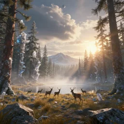 epic crystalline forest with a lake, deer, golden hour, misty ground, rocky ground, distant mountains, atmospheric perspective, altostratus clouds, planets, cinematic, 3 5 mm lens, anamorphic lens flare, photographic, octane render, cinematography by roger deakins, in the style of ansel adams
