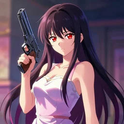 portrait girl in elegant dress holding a gun, long straight hair, colourful, pretty face, cute face, intimidating expression, glowing red eyes, anime by greg rutkowski rossdraws makoto shinkai, adobe illustrator, trending on pixiv, behance