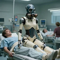 big budget sci - fi movie set in a mental ward about a sexy female cyborg in rubber and gas mask comforting people in straight jackets