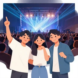 three good friends having a good time at a concert, there is a huge croud and lasers