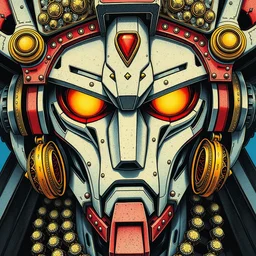 risograph grainy painting of gigantic huge evangelion - like gundam mech face, with huge earrings and rings around head with a lot of details, covered with rich jewelry, by moebius and dirk dzimirsky and satisho kon, close - up wide portrait