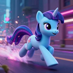 Cyberpunk My Little Pony running fast, 3d rendered, 8k, speedy shot and vfx, splashes, sparks, neon light in the street