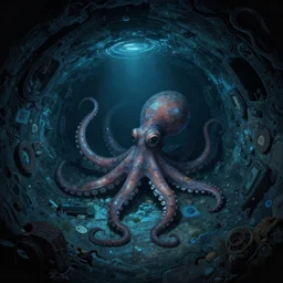 dark tenebroso, fisheye spiral, naive, extra narrow, detailed illustration of a basement cellar, large floor, octopus shaped by rhads from lorax movie, trending artstation, dark blue underwater