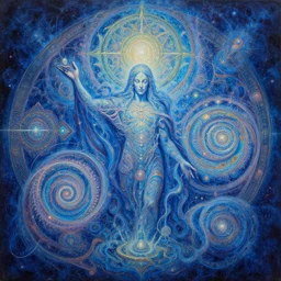 an overdetailed maximalist psychedelic visionary portrait of god of tripping painted by alex grey feat cameron gray. mandala inspired motives in the background. cosmic ethereal arcane spiritual esoteric holy sacred artistic fineart painting. spiralling composition. influenced by igor goryunov. blue colorpalette. volumetric lights