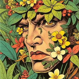 risograph grainy drawing vintage sci - fi, antagonist face, moebius color palette, face covered with plants and flowers, exotic plants background, painting by moebius and satoshi kon and dirk dzimirsky close - up portrait