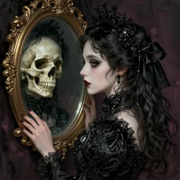 character concept portrait of a gothic girl looking in a mirror with a skull reflection, victorian, intricate, elegant, digital painting, concept art, smooth, sharp focus, illustration, by Ruan Jia and Mandy Jurgens and William-Adolphe Bouguereau, Artgerm