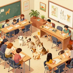 A classroom full of students dogs , artwork by Craig Mullins, isometric camera, detailed, trending on artstation