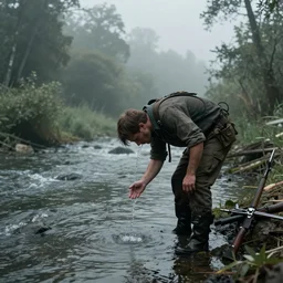 a man standing next to a river drinking water from the river while his weapon beside him zombie apocalypse style the background is a view of a foggy forest photo - realistic full hd high quality