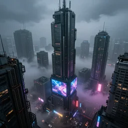 futuristic dystopian cityscape, high rises, billboard ads, neon signs, overcast, foggy, ground level clouds, raining, depressing, ominous, imposing, industrial, cyberpunk, view from above, dramatic illumination, multi colored lighting, highly detailed, ultra realistic, 8 k, by greg rutkowski, by nathan walsh