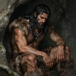 picture of a chaine barbarian in cave, sitting down, damaged, light brown skin, black messy hair, beard, pelt, sad, exhausted, face details, shapely, extremely detailed, smooth, sharp focus, digital illustration, by artgerm, rossdraws, sakimichan