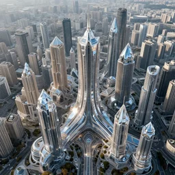 futuristic crystal style city, extreme opulence, utopia, cinematic, futuristic, ultra realistic, high detail, high contrast and sharp hyperornate aerial view