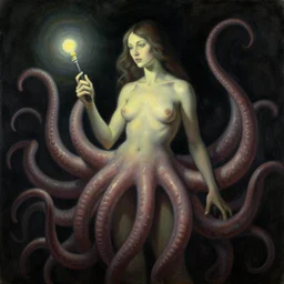 woman with tentacles as appendages, flash, 80mm F2.8, single light source, painting by Zdzislaw Beksinski
