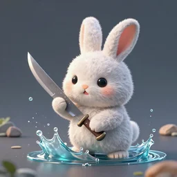 a cute fluffy rabbit holding a flint knife slices through water, zbrush keyshot render, alebrijes aesthetic. rubberhose animation character style, toon render keyshot
