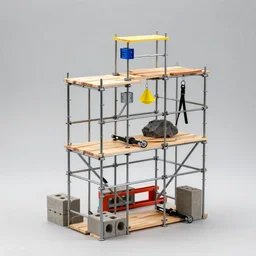 small convoluted scaffolding sculpture made with steel and metal, wood planks, rock details joints, cinder blocks, bright construction materials, ratchet straps, photorealistic, studio lighting, product photography, high octane, higly detailed, made with unreal engine, by yves tanguy, by nate boyce, by david smith, sony a 6 3 0 0, 5 0 mm fe f / 1. 8