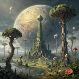 an incredible illustration morning on a beautiful alien planet with strange trees and flowers, by hr giger, richard corben, zdzisław beksinski, moebius, hieronymus bosch and francis bacon, trending on artstation, highly detailed