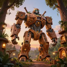 giant wooden mecha building futuristic giant wooden tree trunk buildings, organic wooded shops, solarpunk, organic bioluminescent street lights, forest canopy understory, cinematic lighting, sunset, octane render, 3 d pixar disney digital cgi rtx hdr painting, highly detailed, artstation cgsociety masterpiece, by syd mead, greg rutkowski, wlop, artger