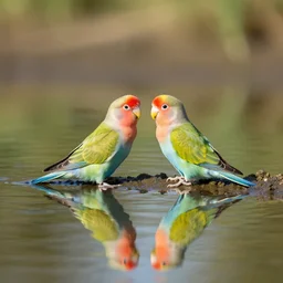 lovebirds sitting in water, reflective, sunny day, landscape photography