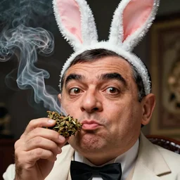 hyper realistic, close up portrait of a mega derpy mr. bean, big chungus, with bunny ears, smoking massive amounts of weed by greg rutkowski, scott m fischer, artgerm, loish, slight glow, atmospheric, anne stokes, alexandros pyromallis, 4 k, 8 k