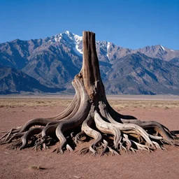 photo of a stargate by ansel adams, land art made of gnarled tree roots by jaehyo lee, mountains in background
