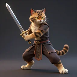 a warrior cat holding a long sword in a combat stance, 3 d rendered, 3 d rendering, dramatic lighting, unreal engine, digital painting, concept art, smooth, sharp focus, illustration, 8 k resolution, trending on art station, cinema 4 d, behance hd