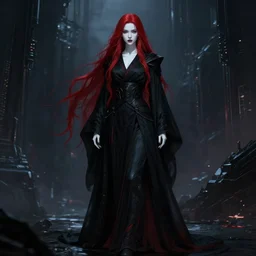 concept art sketch of a beautiful female sith warrior with smooth porcelain white skin and long flowing red hair, wearing black robes with dark red highlights, in dark futuristic city, shadowy gothic aesthetic, cinematic full body portrait, centered composition, detailed, cinematic lighting, moody, nighttime, very dark