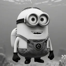 old creepy black and white photograph of a minion!!!!! in deep sea diving gear