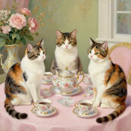 a trio of calico cats enjoying a fancy english tea party, painted by artgerm