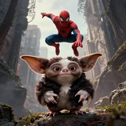 Gremlins movie, the gremlins are too damn high, spider-man is high too, trending on Artstation, 8K, ultra wide angle, pincushion lens effect