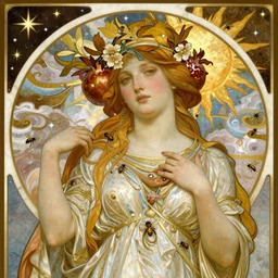 MARBLE, majestic, baroque ,sistina, saint Woman, Venus godness Athena, beautiful, gracious, pagans, marble and gold, space, stars, clouds, sun, greeks, coerent face, fruits, bioluminescent skin, bees, pomegranade, by alphons mucha